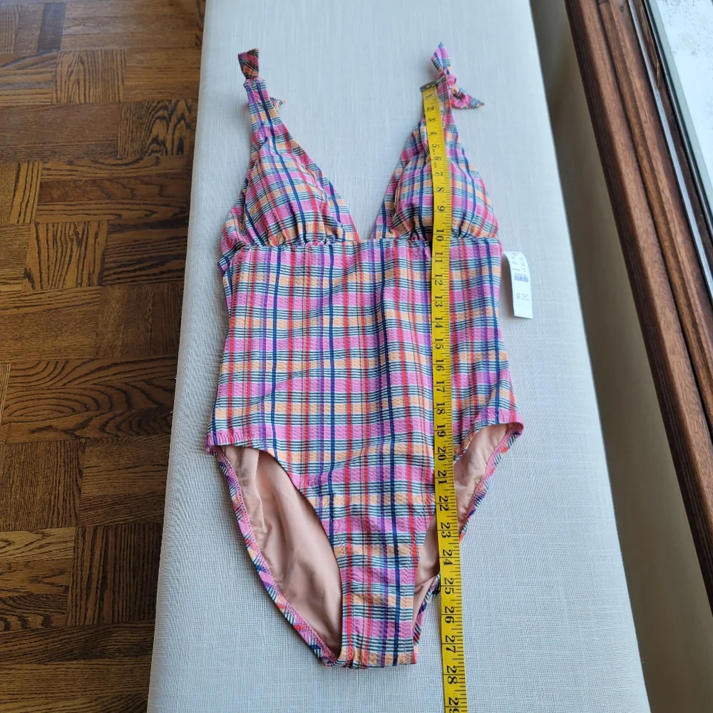New! J. Crew sz 6 Tie-shoulder one-piece Pink Plaid Swimsuit Madras NWT - Picture 8 of 14